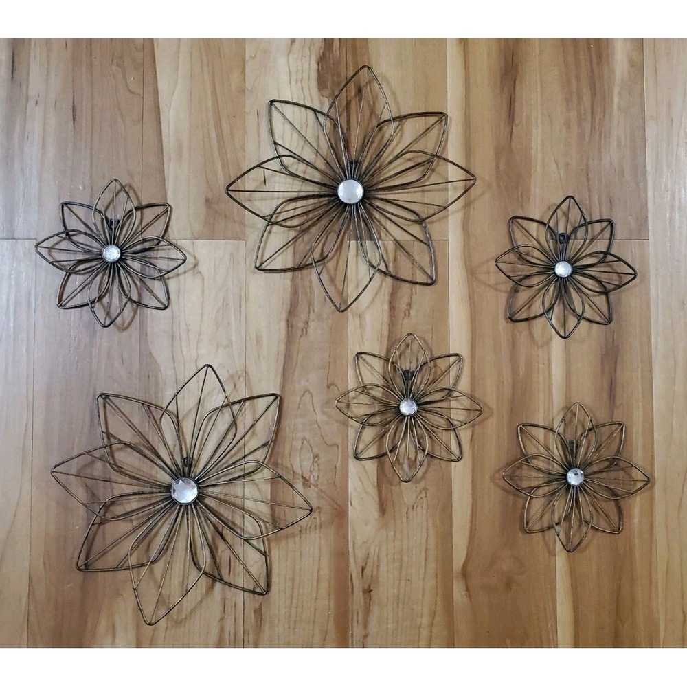 Set of 6 Shabby Chic Black Wire Layered Metal Wall Flowers Faux Diamond Center